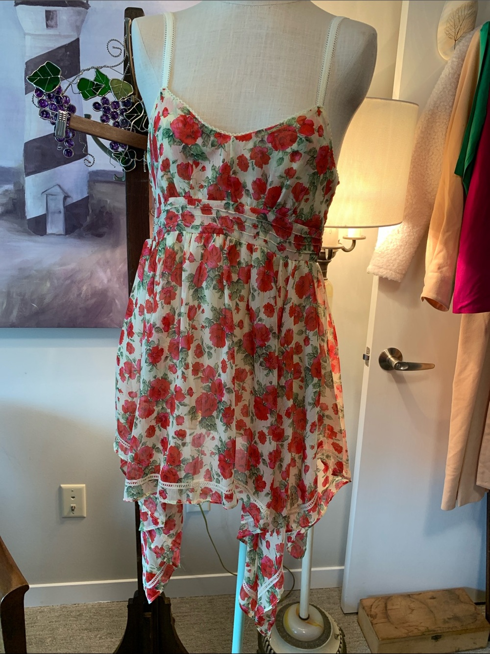 Brigitte Bailey Floral Red Rose Print Handkerchief Hem Festival Dress Size M